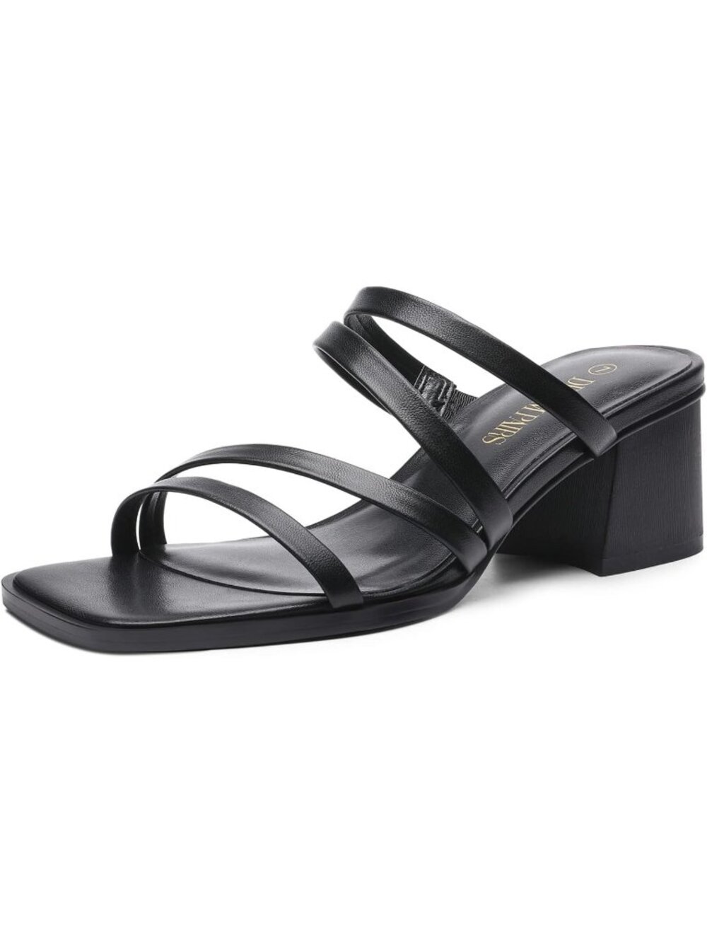 Women's Black Faux Leather Strappy Heels Block Open Toe Chunky Mules Sandals